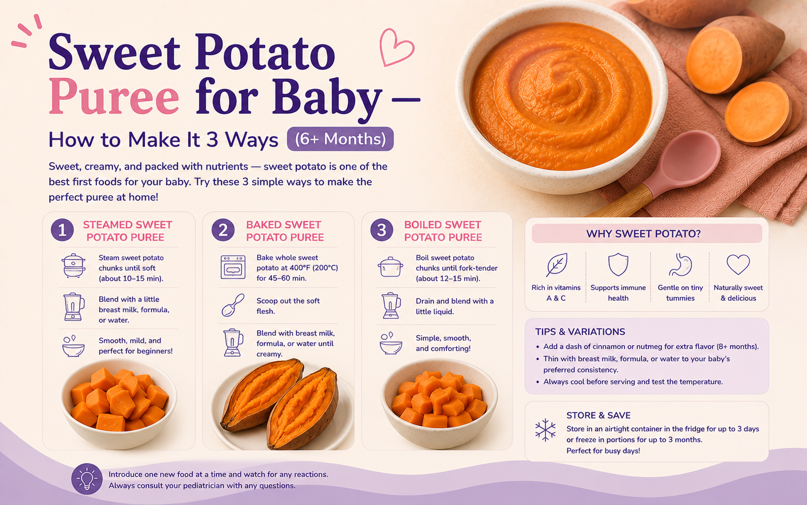 Sweet potato puree for baby, how to make it 3 ways
